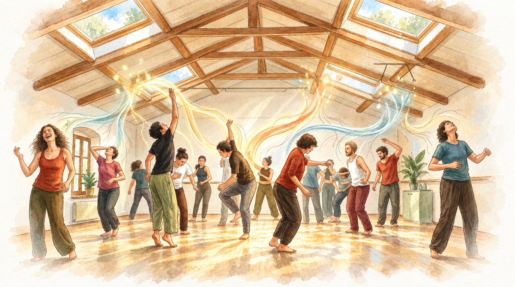 Persone che danzano liberamente nella sala di Cà dei Morer, illustrazione ad acquerello